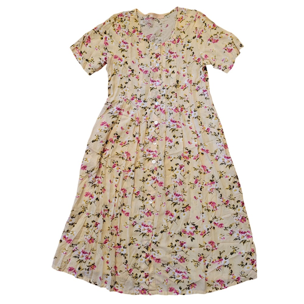 La Cera M Midi Dress Yellow Floral Button Front Back Tie Pockets Cottage Prairie